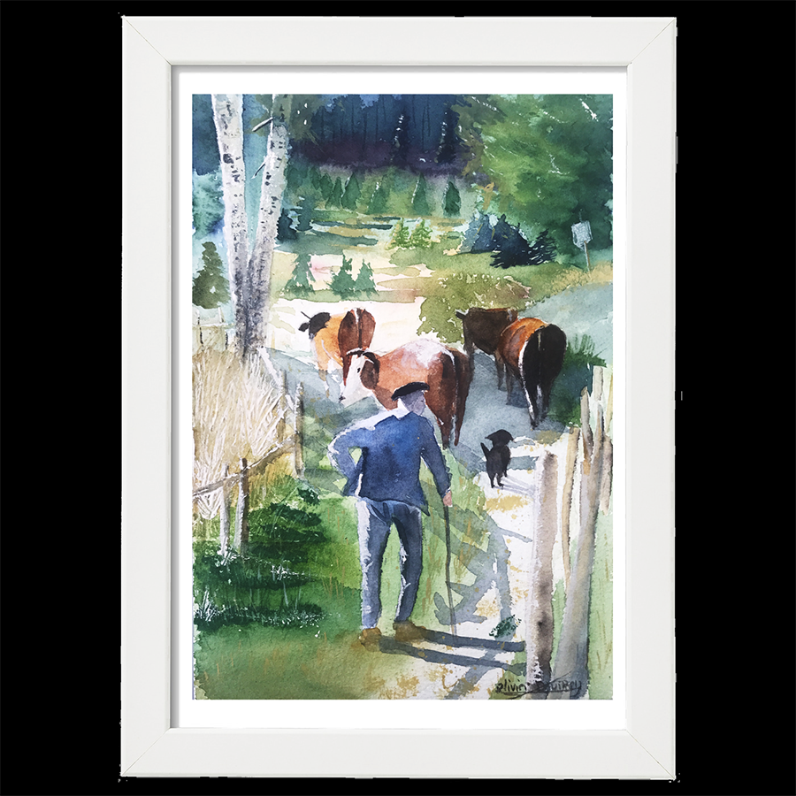 Paysan menant ses vaches au champ
